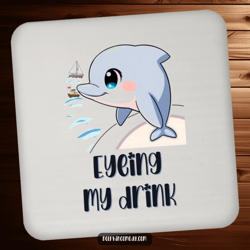 Funny drink coasters featuring a dolphin with large, intelligent eyes watching a boat, adding curious and protective charm.