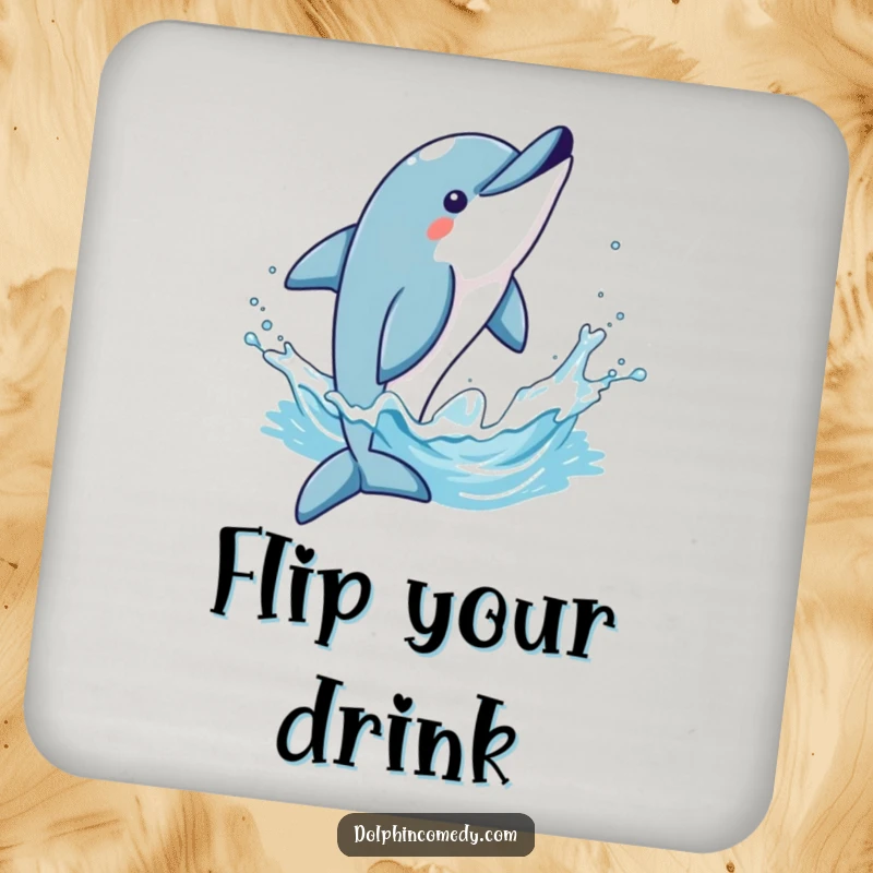 Funny drink coaster set depicting a dolphin's triumphant flip and water splash, perfect for parties and gatherings.