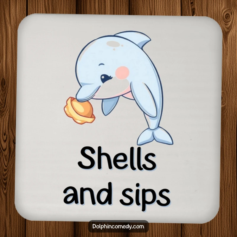 Funny Dolphin Coaster featuring a curious dolphin tilting its head to examine a shiny seashell, for ocean-themed protection.