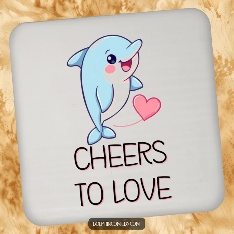 Funny cheerful dolphin with a heart shape trailing behind it, featured on drink coasters, symbolizing love and protection.