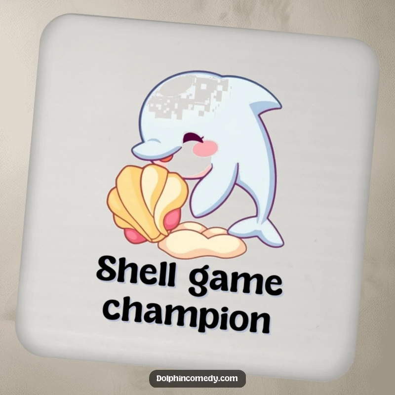 Funny drink coaster featuring a dolphin playfully nudging a seashell, adding a touch of marine whimsy to any surface.