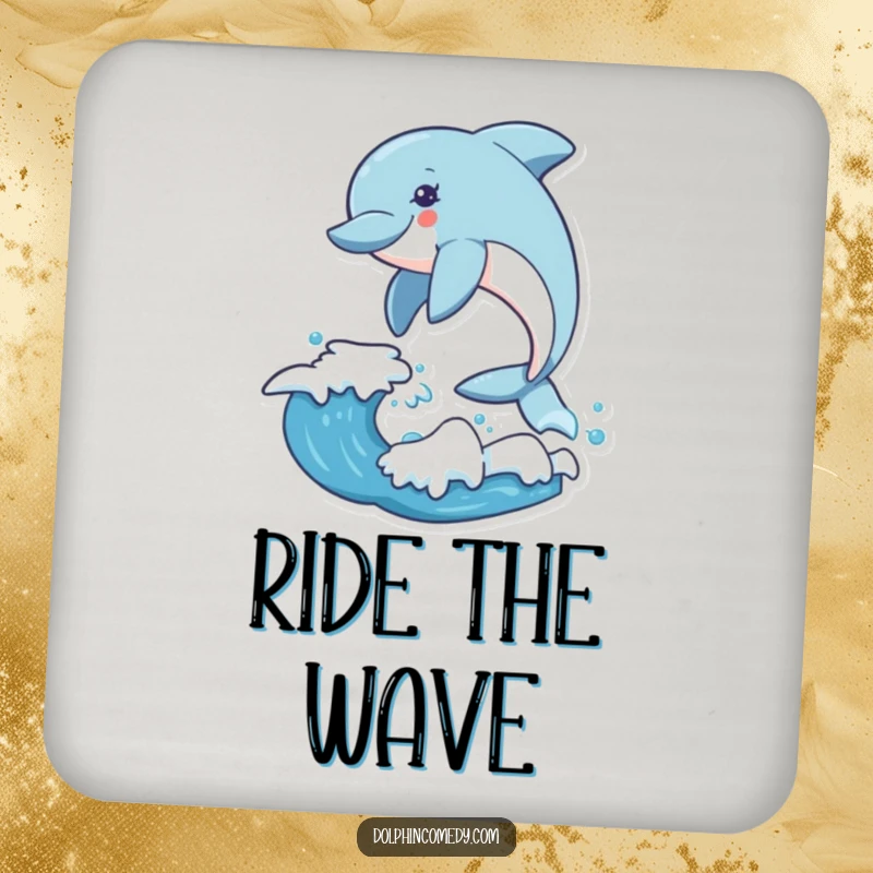 Funny dolphin drink coasters featuring an excited dolphin leaping over a wave, adding exhilarating humor to your table.