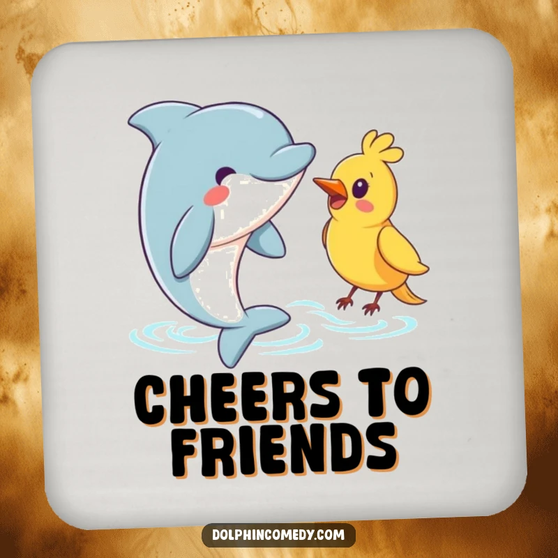 Funny Dolphin Coaster: A dolphin warmly greeting a bird, adding a touch of friendly humor to any surface.