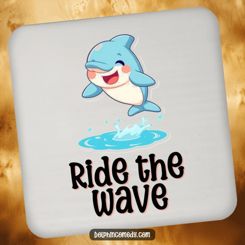 Funny Dolphin Coaster depicting a joyful dolphin leaping from water with a big smile, bringing ocean vibes.