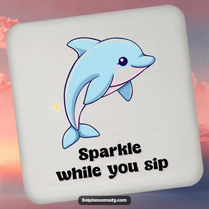 Funny Coaster: A dolphin swims with a sparkling trail, offering humorous and magical protection for your surfaces.