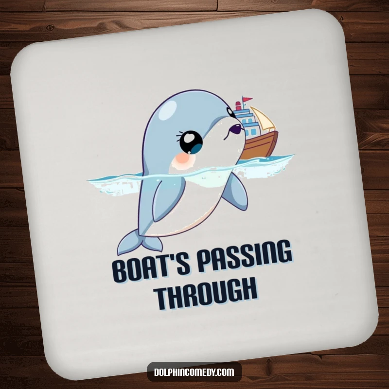 Funny coaster with a surprised dolphin, wide eyes looking out, protecting drinks with a humorous, oceanic flair.