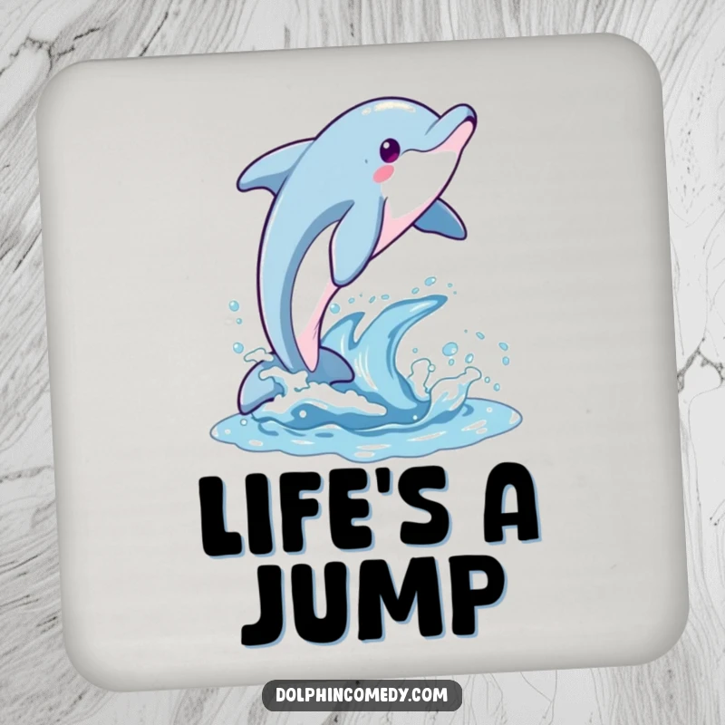 Funny drink coaster showcasing a dolphin joyfully breaching the water, adding a dynamic and happy touch to any surface.