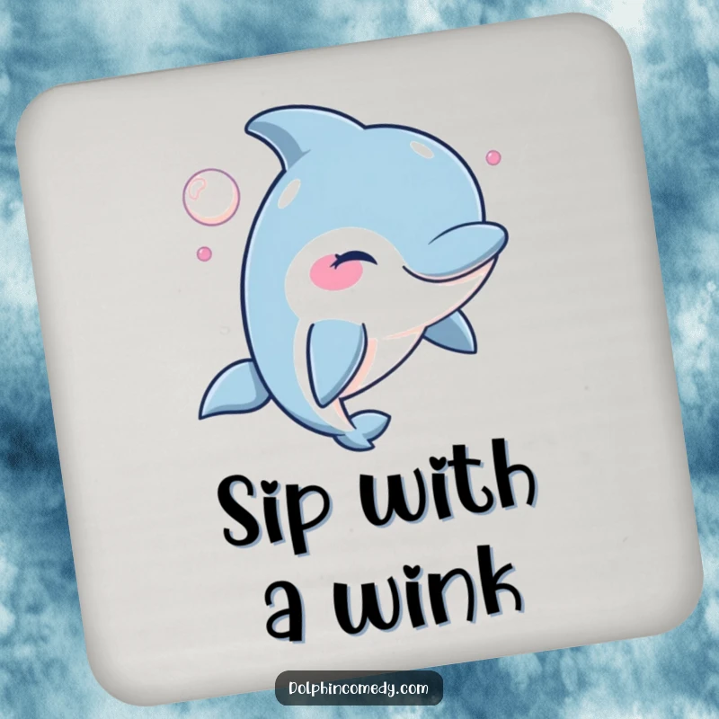 Mischievous Dolphin Drink Coaster showing a winking dolphin blowing a bubble, a fun and functional accessory.