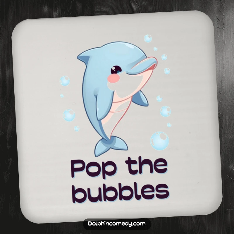 Funny dolphin drink coasters featuring a playful dolphin with a bubbly gaze chasing iridescent bubbles, adding humor to your table.