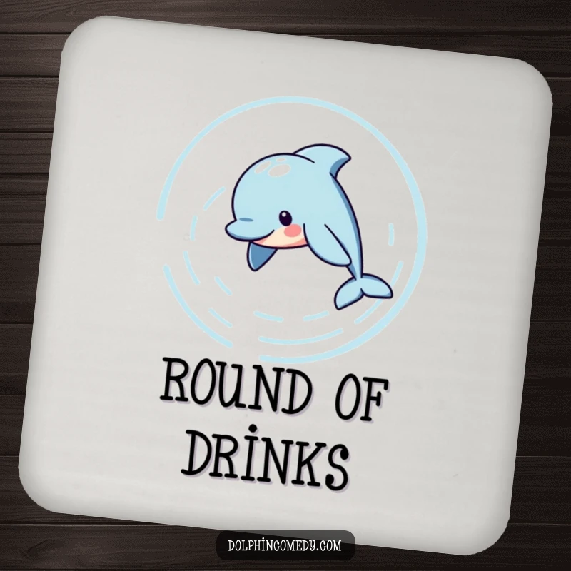 Funny Drink Coaster with a playful dolphin creating water ripples, protecting surfaces with style, a charming and functional funny gift.