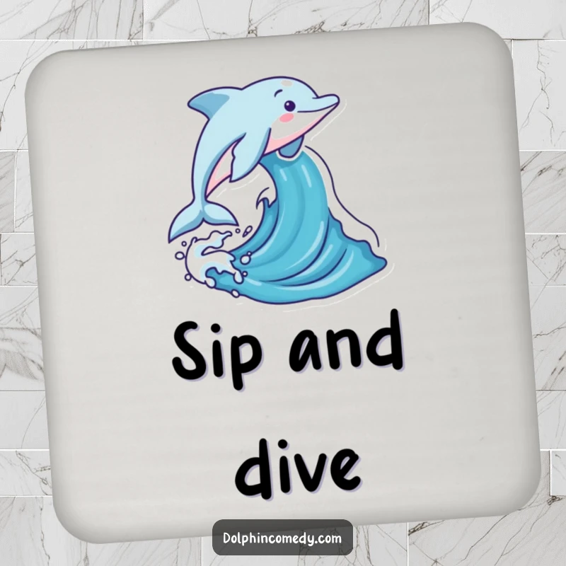 Funny dolphin leaping joyfully out of a stylized ocean wave, featured on drink coasters to protect surfaces with humor.