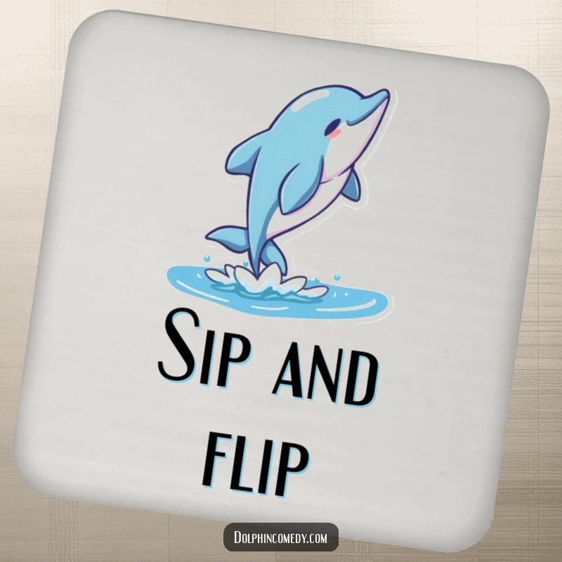 Funny Stylized Dolphin Coaster set featuring a character performing a graceful flip, perfect for table protection.