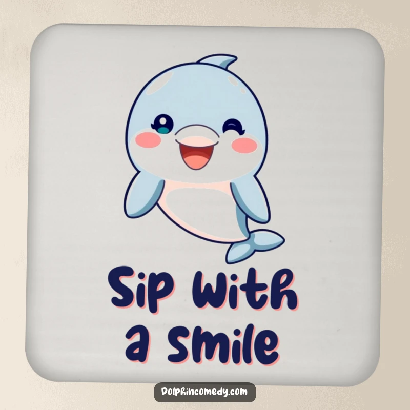 Funny Drink Coaster with a friendly dolphin character showing a welcoming smile, protecting surfaces with style, a charming funny gift.