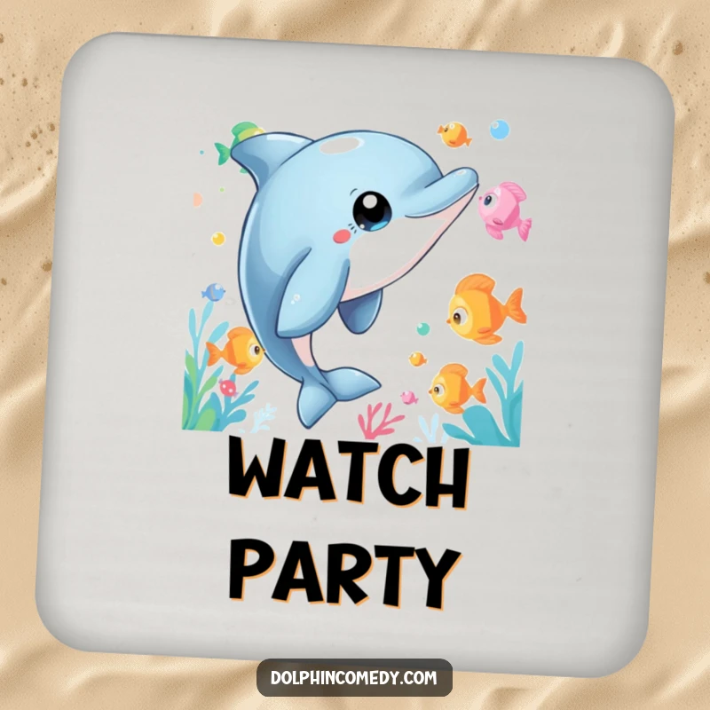 Funny Dolphin Coaster depicting a curious dolphin with wide eyes watching fish, protecting surfaces with humorous wonder and marine charm.