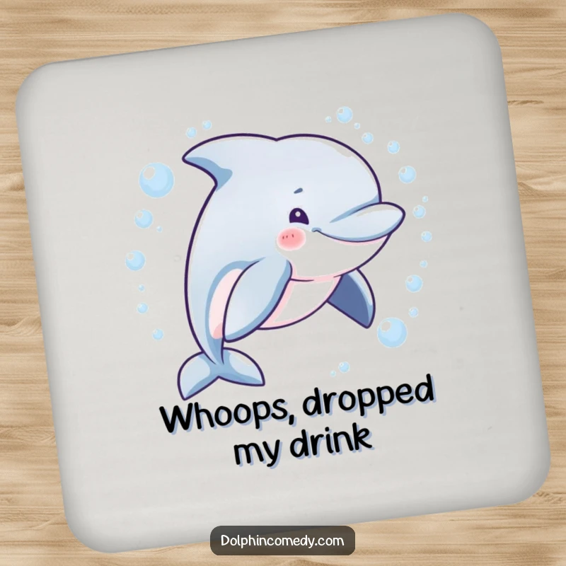 Funny drink coaster set featuring a mischievous dolphin swimming in a bubbly circle, blending protection with ocean humor.