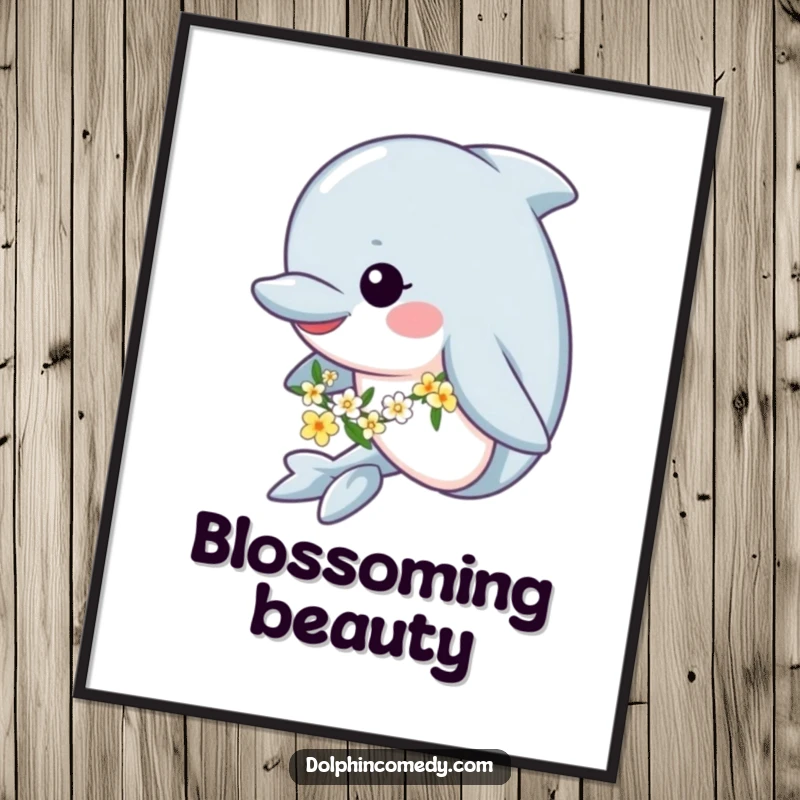Funny poster of a happy dolphin swimming peacefully, adorned with a vibrant flower garland, bringing whimsical charm to decor.