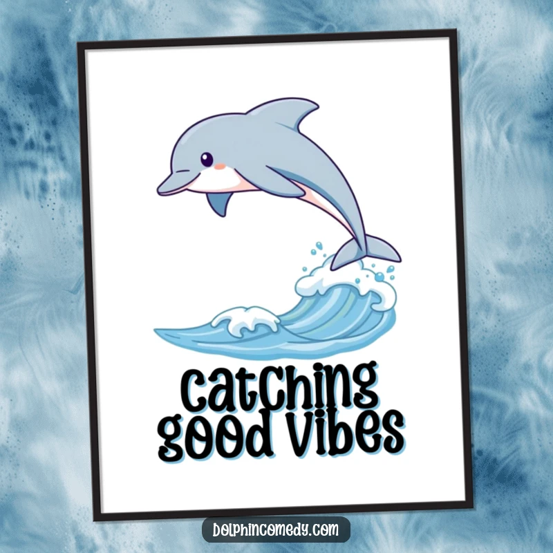 Funny poster of a sleek dolphin gracefully leaping over a gentle wave, capturing a moment of oceanic beauty and freedom.