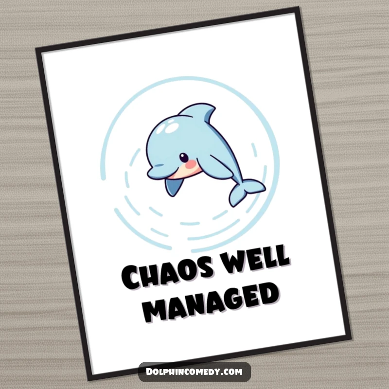 Funny Poster print of a playful dolphin swimming in a circle, sending out perfect water ripples, adding movement to your decor, a great funny gift.