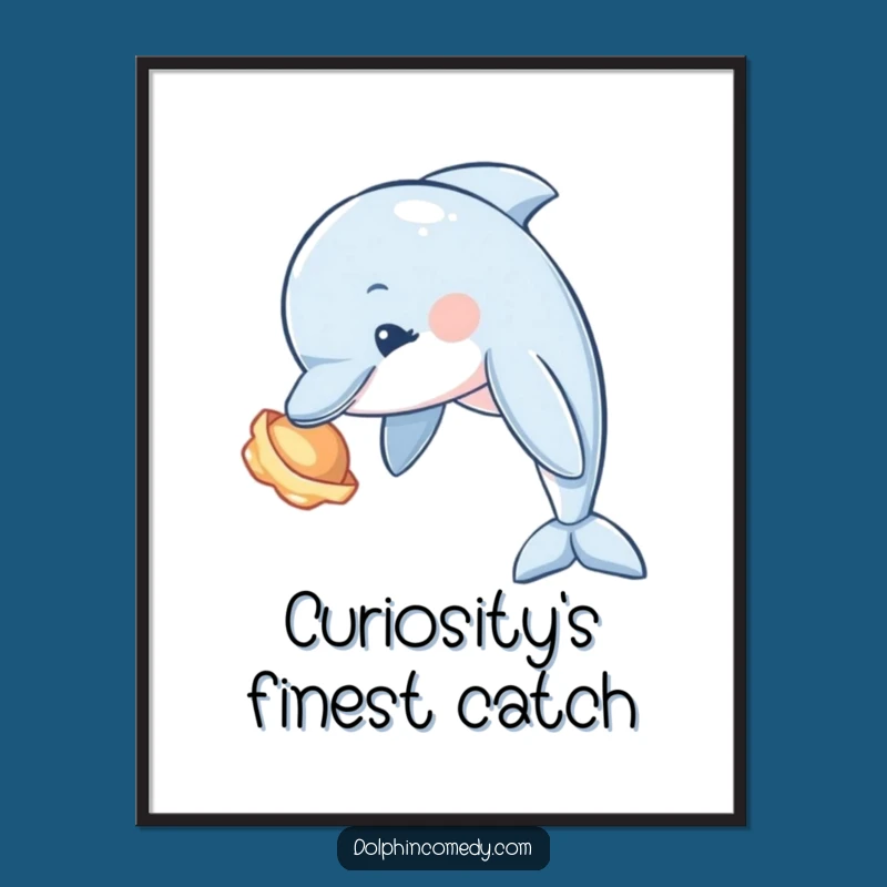 Funny Curious Dolphin Seashell Poster - Ocean Explorer Art Print, Humorous Decor