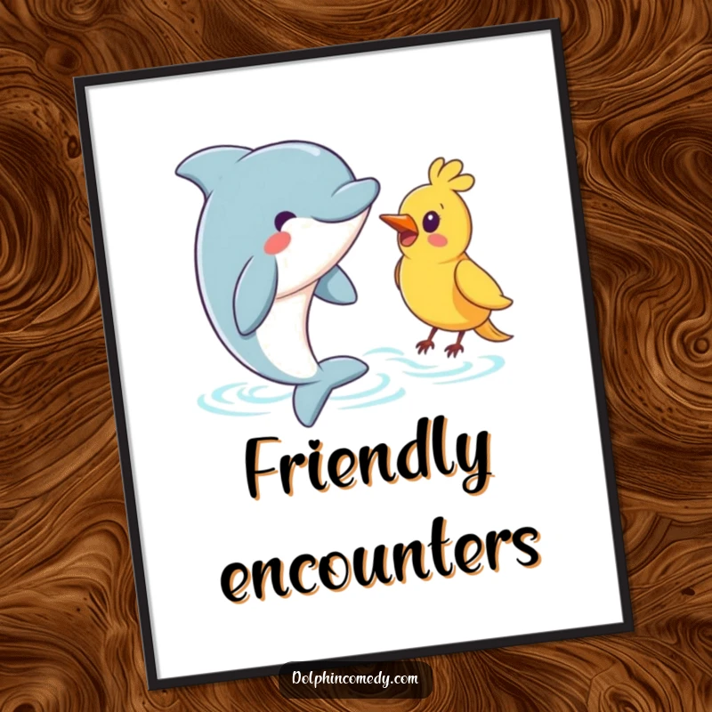 Funny Dolphin Poster: A dolphin with a warm expression greeting a bird, showcasing interspecies friendship and ocean charm.