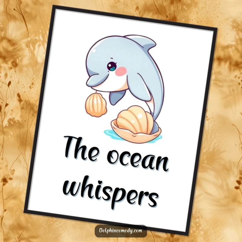 Funny decorative poster illustrating a dolphin with curious eyes playfully touching a floating seashell, bringing ocean serenity indoors.