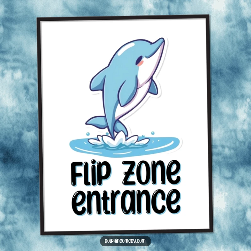 Funny Stylized Dolphin Poster depicting a graceful character executing a fluid flip motion in a stylized aquatic environment.