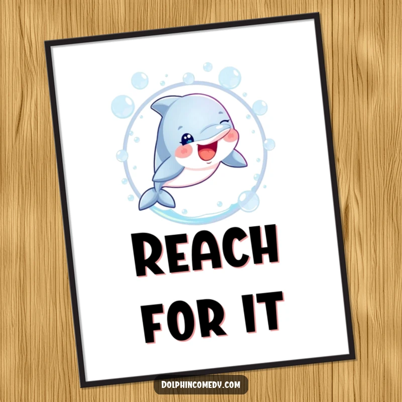 Funny dolphin with sparkling eyes leaping through a bubble hoop, displayed on a poster for humorous wall art.