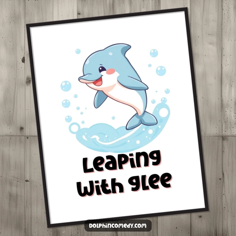 Funny dolphin poster, smiling and leaping through a shimmering ring of bubbles, a hilarious artwork of underwater fun, great funny gift.
