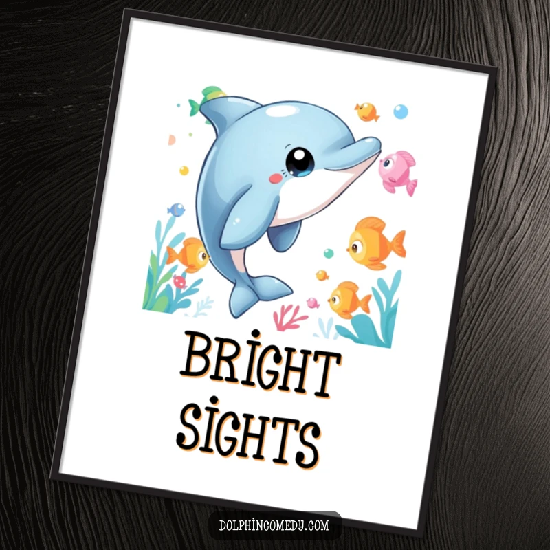 Funny Dolphin Poster showing a curious dolphin with wide eyes observing colorful fish, bringing humorous wonder and vibrant underwater beauty to wall art.