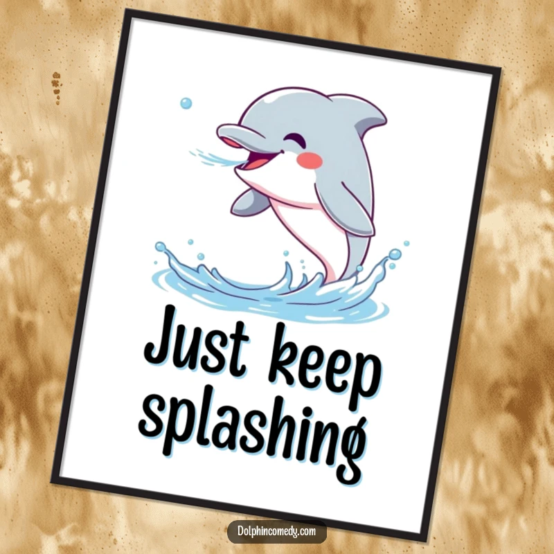 Funny Dolphin Poster print of an excited dolphin joyfully blowing a stream of water, adding a humorous touch to any room.