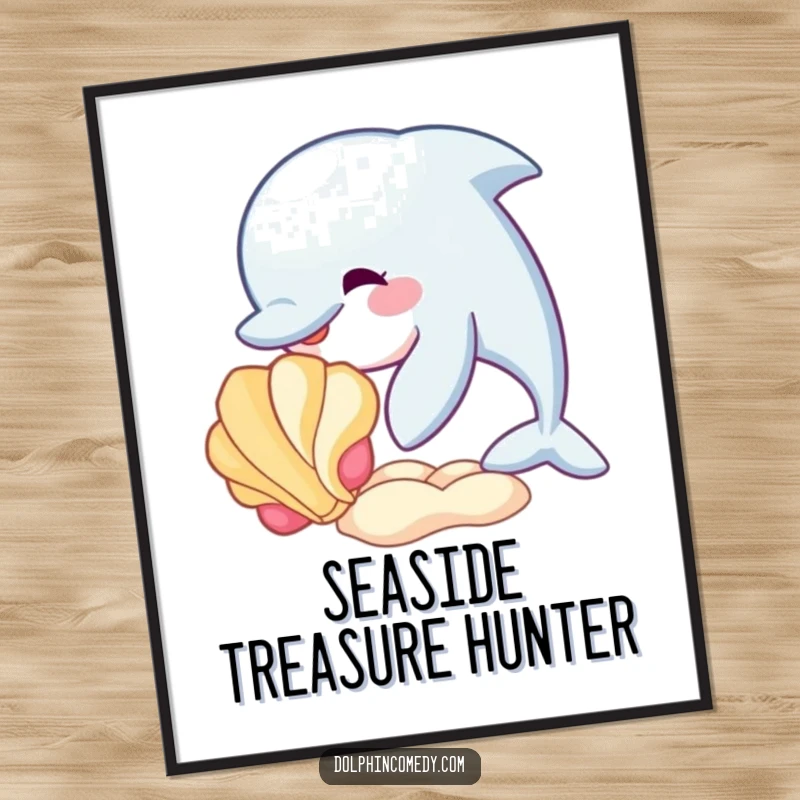 Funny poster artwork depicting a dolphin playfully interacting with a colorful seashell, evoking a sense of underwater wonder.