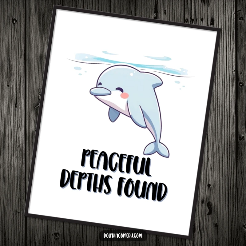 Funny dolphin poster of a happy dolphin sighing peacefully while gliding underwater, a beautiful and humorous piece of wall art.