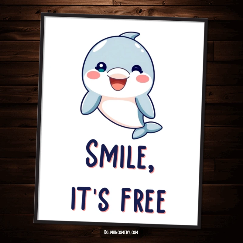 Funny Dolphin Poster print featuring a friendly dolphin with a huge, welcoming smile, adding a cheerful vibe to any wall, a great funny gift.