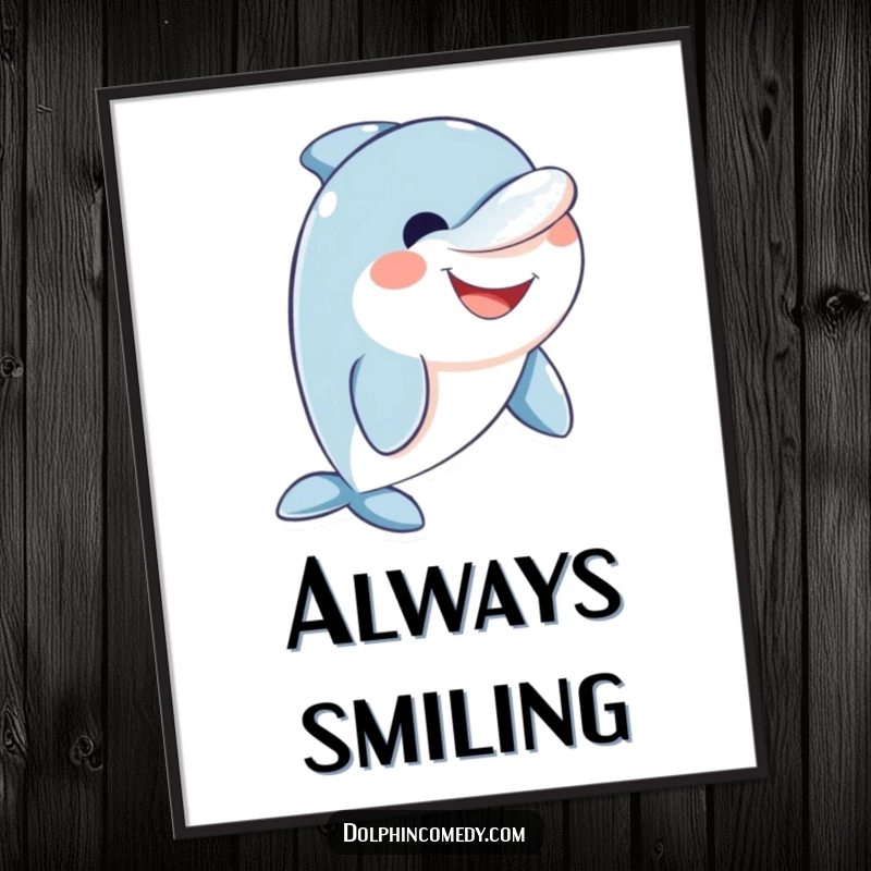 Funny friendly dolphin poster featuring a charming illustration of a dolphin with a wide, welcoming smile.