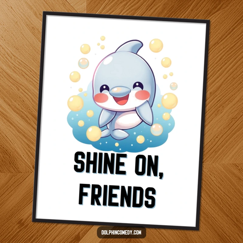 Funny Poster: A smiling dolphin surrounded by glowing ocean bubbles, radiating happiness. Humorous ocean-themed wall art.