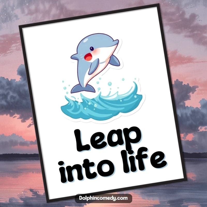 Funny Dolphin Poster: An artistic representation of a joyous dolphin leaping high out of a crashing wave, full of life, a funny gift.