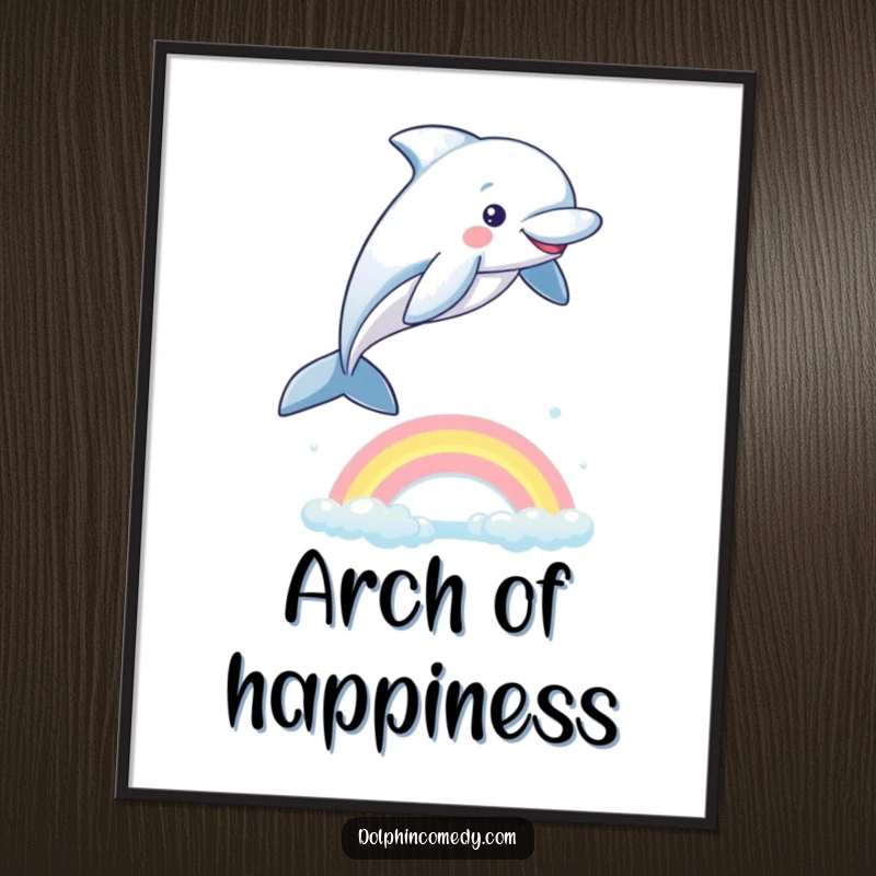 Funny Dolphin Poster: A playful dolphin jumping over a shimmering rainbow, creating a vibrant and inspiring piece of art.