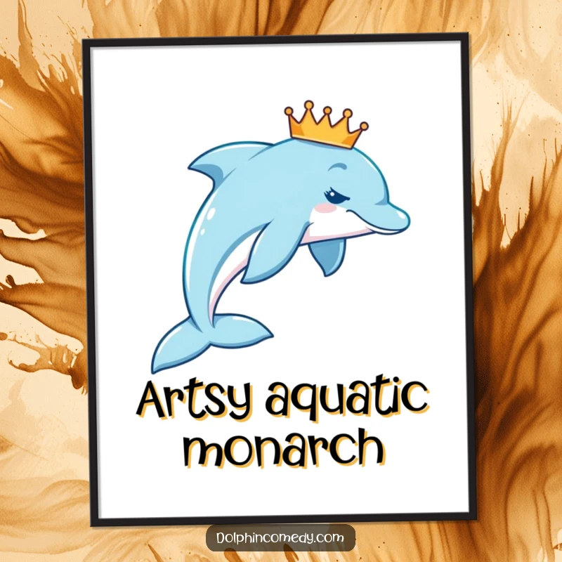 Funny royal dolphin crown poster showing a majestic dolphin with a small crown, swimming in an elegant arc.
