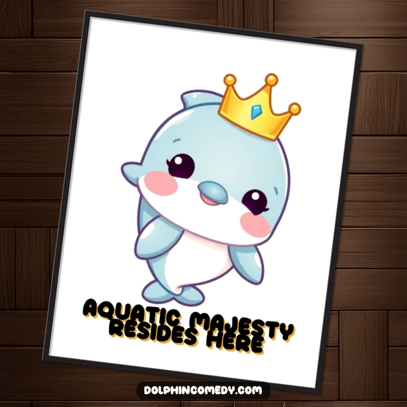 Funny poster art of a dolphin character wearing a small, shiny crown, radiating a sense of playful, aquatic nobility.