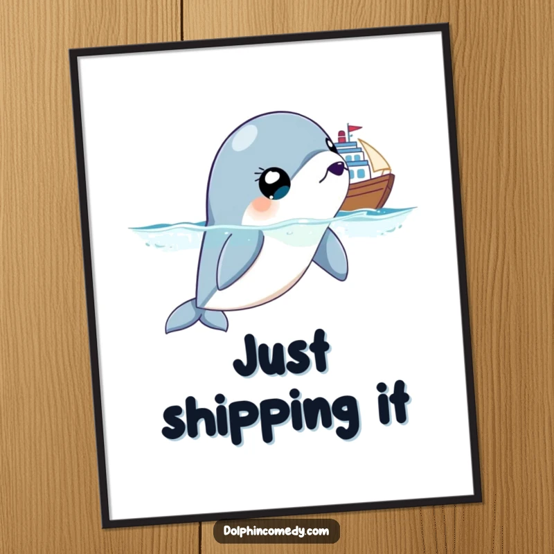 Funny poster of a surprised dolphin, eyes wide with astonishment at a ship passing by, adding a humorous touch to decor.
