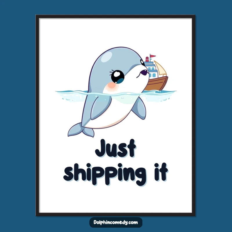 Funny Surprised Dolphin Poster, Wide Eyes, Ship Scene, Humorous Wall Art