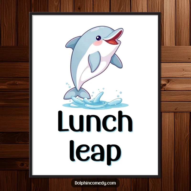 Funny Dolphin Poster: An excited dolphin leaps mid-air, catching a fish, a dynamic and funny gift for wall decor.