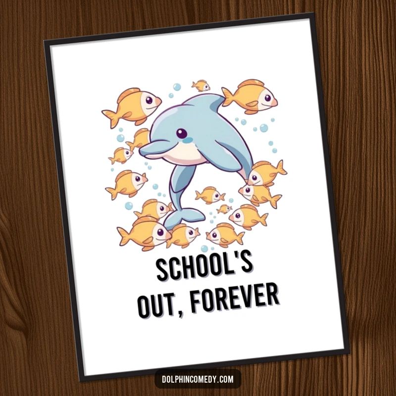 Funny poster art showing a dolphin interacting playfully with a school of fish, creating a scene of underwater harmony.