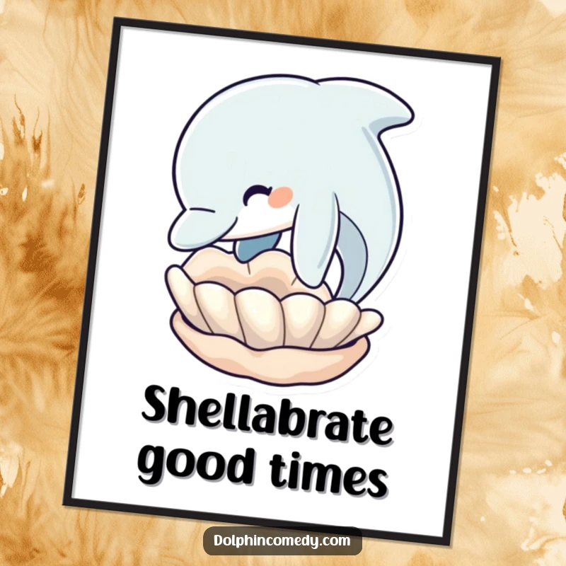 Funny Dolphin Poster: Playful dolphin nudging a seashell, capturing a serene and humorous underwater scene, art gift.