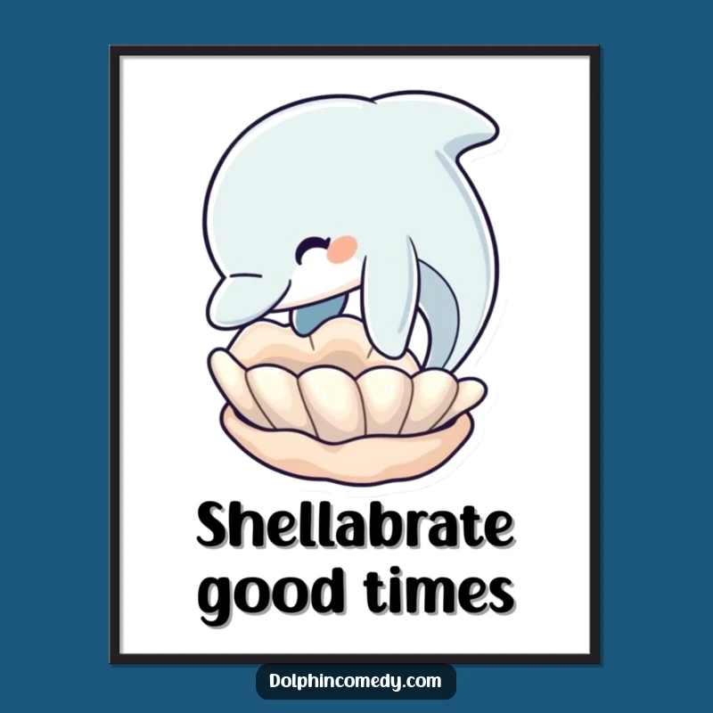 Funny Dolphin Seashell Nuzzle Poster: Vibrant and Humorous Ocean Wall Art