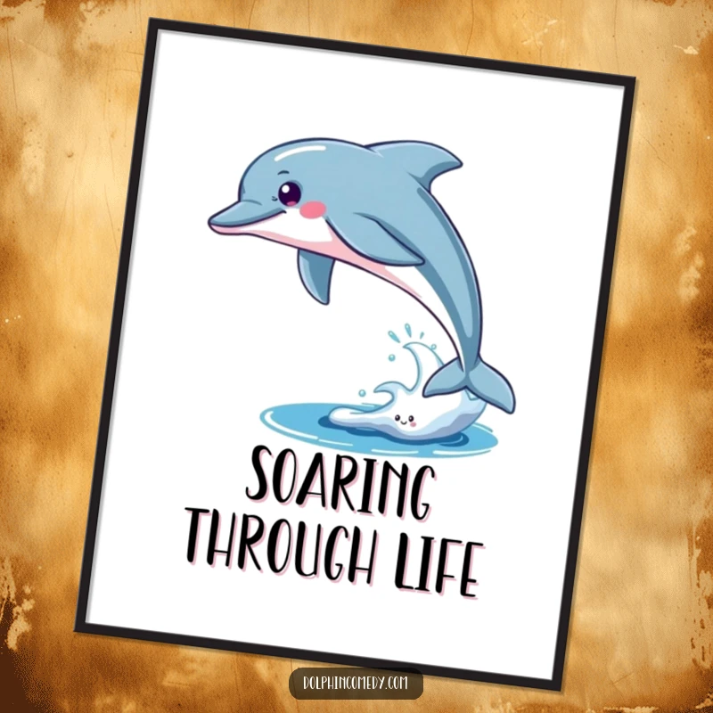 Funny Poster: A sleek dolphin breaching powerfully, symbolizing exhilaration and freedom. Inspiring ocean-themed wall art.
