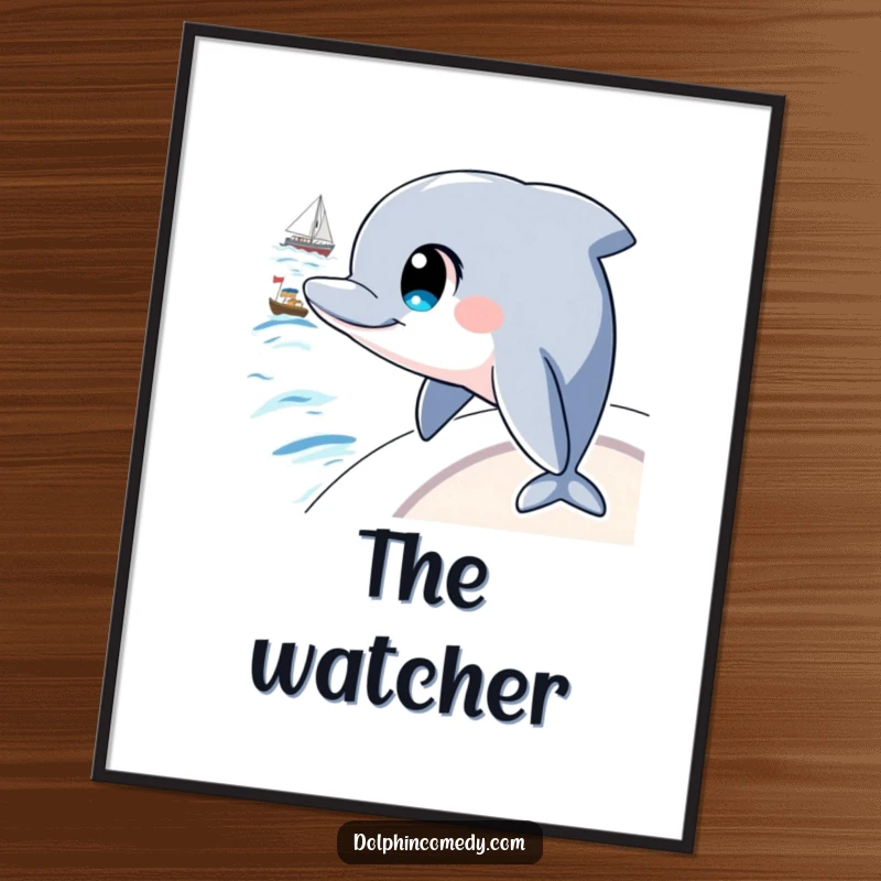 Funny poster of a dolphin with large, perceptive eyes, curiously watching a boat sail on the ocean, conveying intelligence.