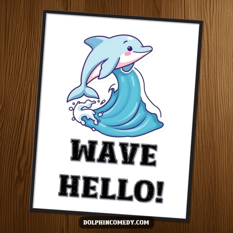 Funny dolphin leaping joyfully out of a stylized ocean wave, presented as a vibrant art poster for wall decoration.