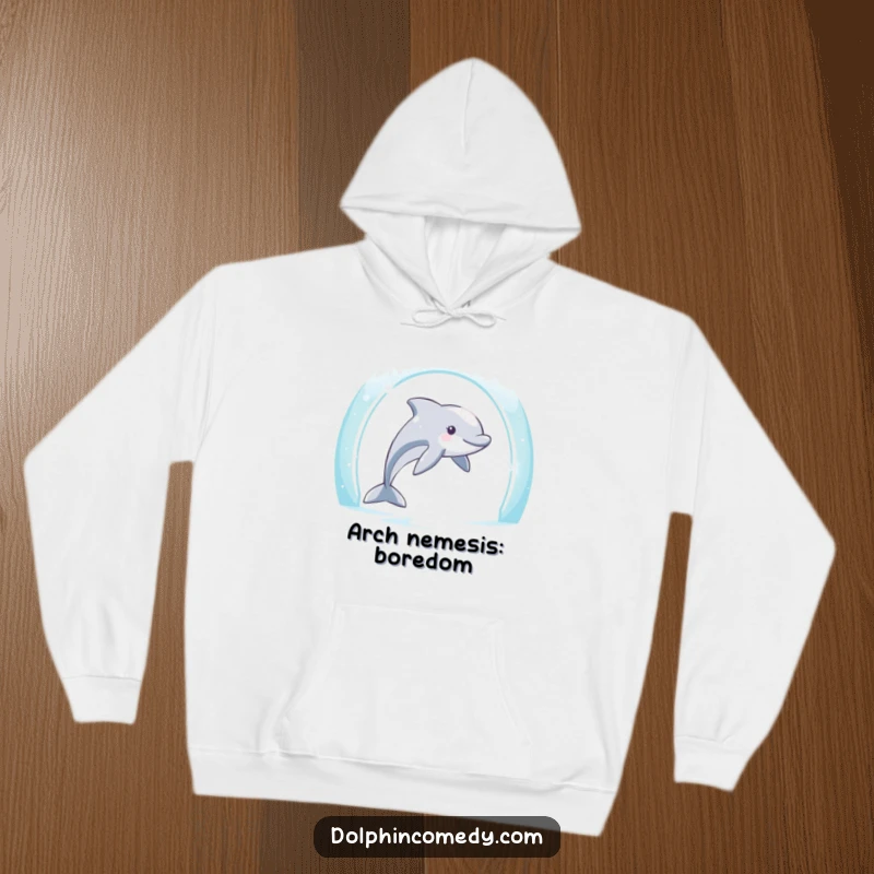 Funny Dolphin Hoodie: Determined dolphin passing through a shimmering archway, a symbol of humorous perseverance, great gift.