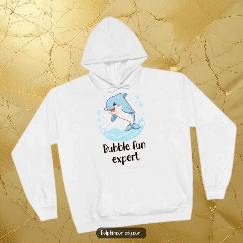 Funny dolphin hoodie, smiling and leaping through a circle of bubbles, a hilarious depiction of marine joy, great funny gift.